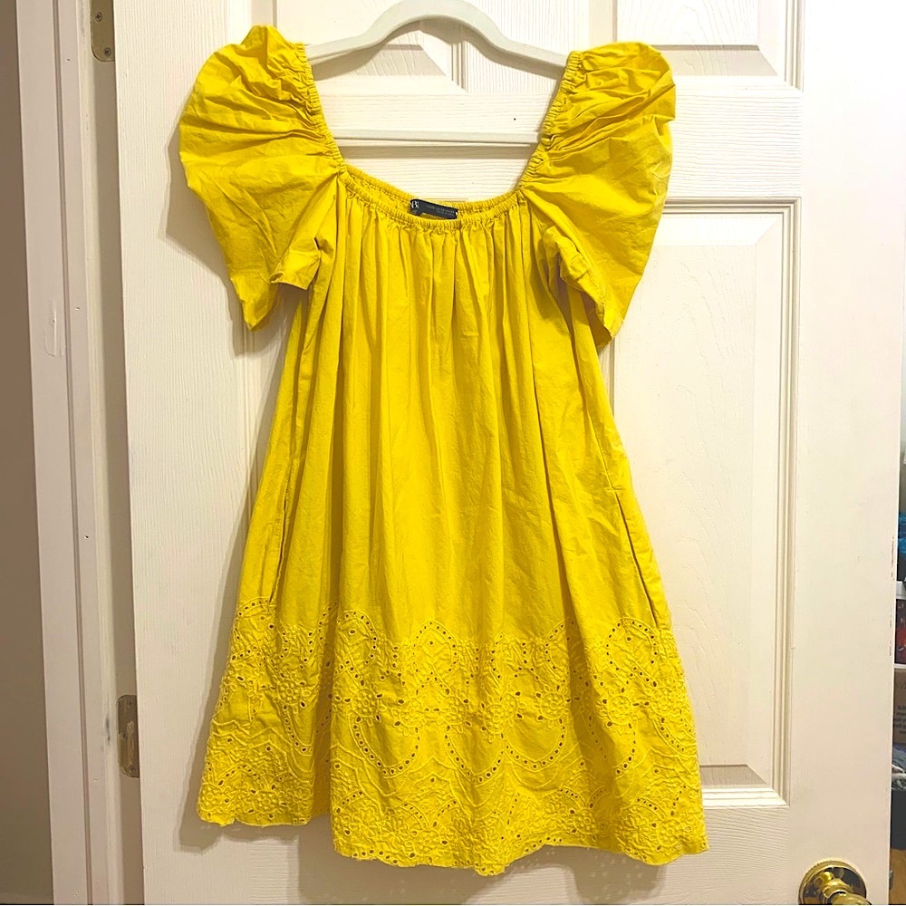 Zara Puff Sleeve Yellow Dress with Eyelet embroidery trim